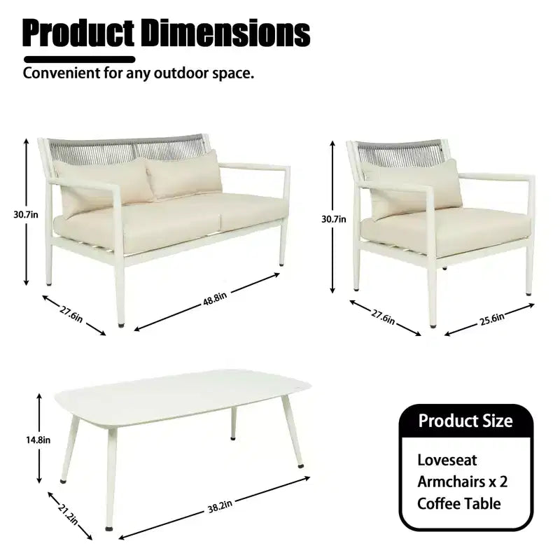 GDFStudio Oscar Modernes Outdoor-4-Sitzer Metallrahmen-Gesprächs-Set mit dicken Kissen und Seilgeflecht-Design