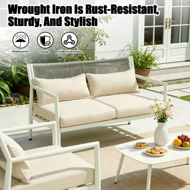 GDFStudio Oscar Modernes Outdoor-4-Sitzer Metallrahmen-Gesprächs-Set mit dicken Kissen und Seilgeflecht-Design