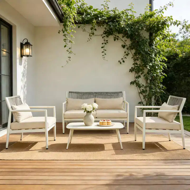 GDFStudio Oscar Modernes Outdoor-4-Sitzer Metallrahmen-Gesprächs-Set mit dicken Kissen und Seilgeflecht-Design
