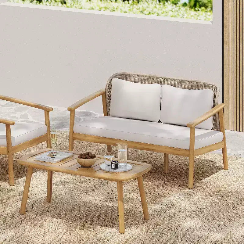 ModernLuxe Outdoor Acacia Wood Conversation Set, Patio Sofa Set with Woven Rope Backrest & Coffee Table, Light Teak Finish