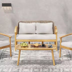 ModernLuxe Outdoor Gesprächs-Set aus Akazienholz, Terrassen-Sofa-Set mit geflochtener Rückenlehne & Couchtisch, helles Teak-Finish