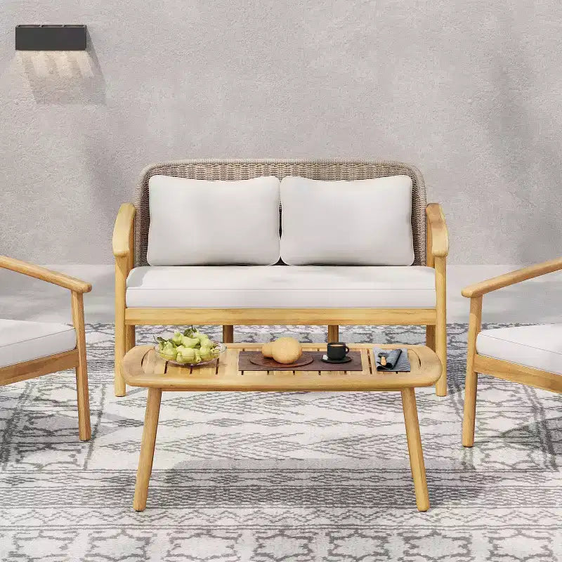 ModernLuxe Outdoor Gesprächs-Set aus Akazienholz, Terrassen-Sofa-Set mit geflochtener Rückenlehne & Couchtisch, helles Teak-Finish