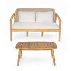 ModernLuxe Outdoor Gesprächs-Set aus Akazienholz, Terrassen-Sofa-Set mit geflochtener Rückenlehne & Couchtisch, helles Teak-Finish
