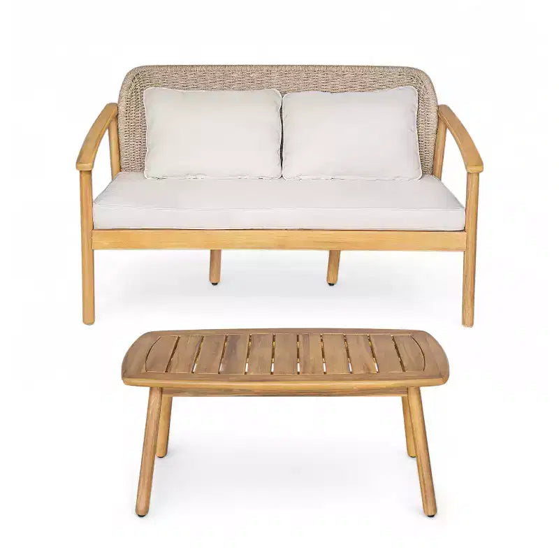 ModernLuxe Outdoor Gesprächs-Set aus Akazienholz, Terrassen-Sofa-Set mit geflochtener Rückenlehne & Couchtisch, helles Teak-Finish