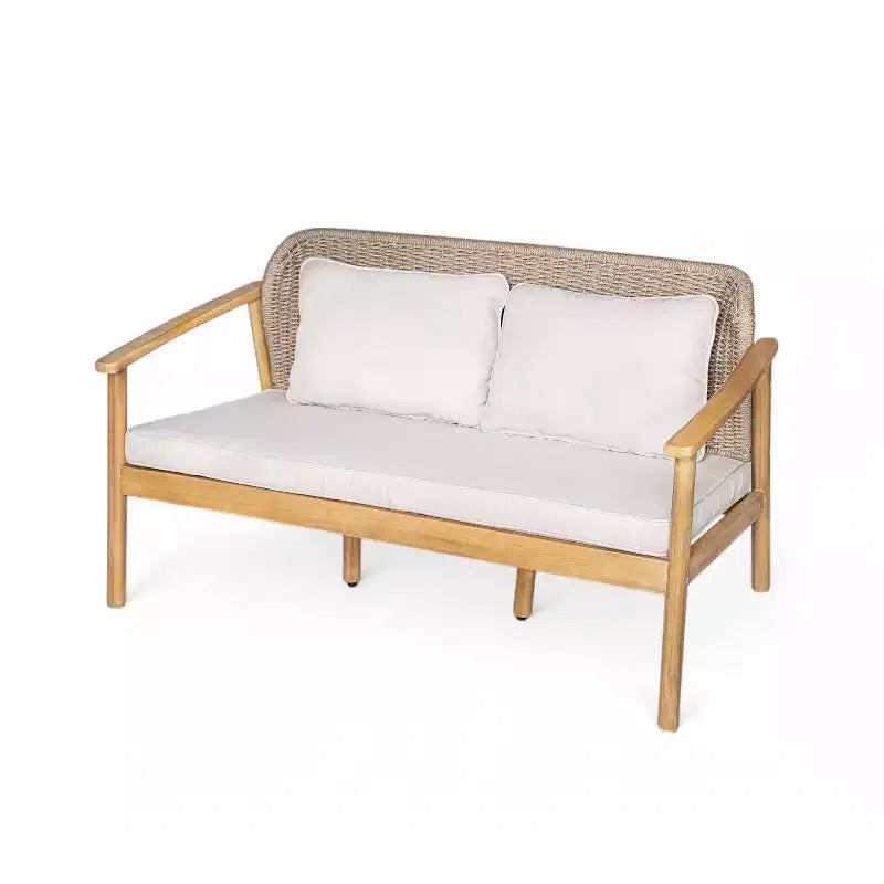 ModernLuxe Outdoor Gesprächs-Set aus Akazienholz, Terrassen-Sofa-Set mit geflochtener Rückenlehne & Couchtisch, helles Teak-Finish
