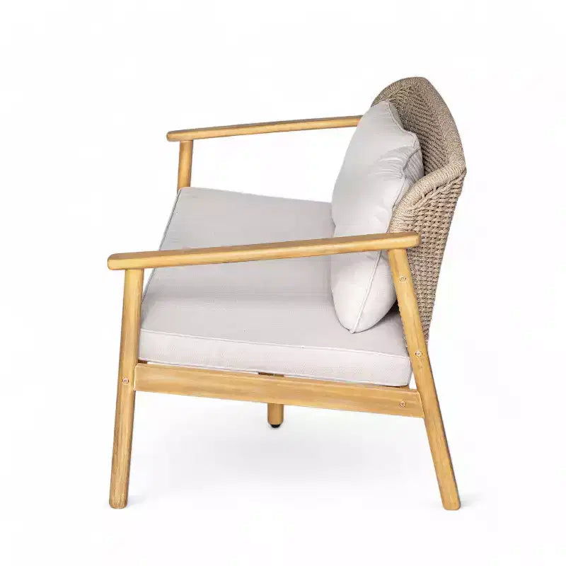 ModernLuxe Outdoor Gesprächs-Set aus Akazienholz, Terrassen-Sofa-Set mit geflochtener Rückenlehne & Couchtisch, helles Teak-Finish