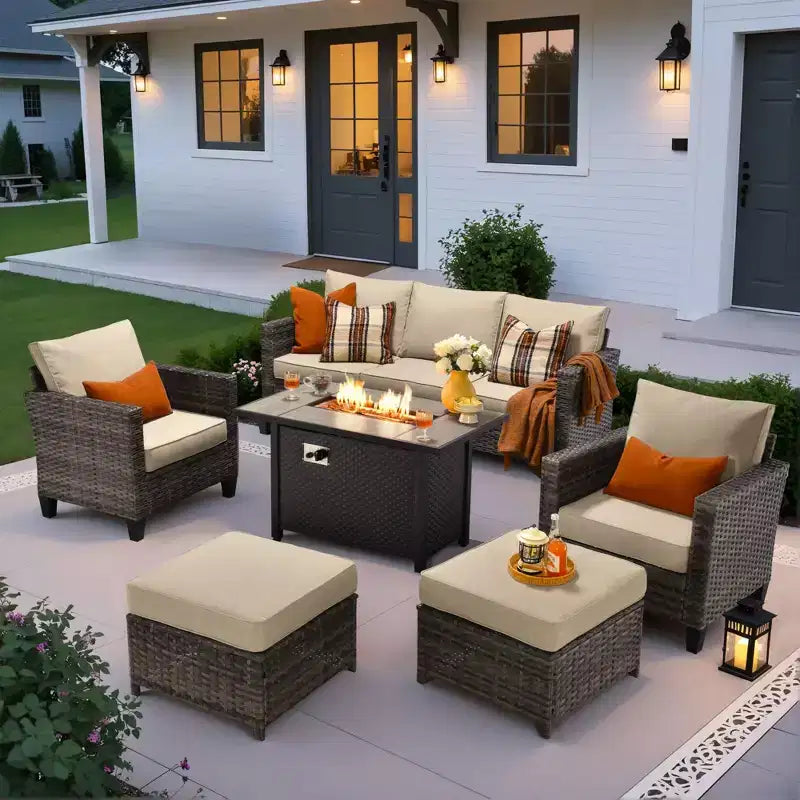 HOMLUX 6-teiliges Terrassen-Set mit 42"-Stahlfeuerstelle, 3-Sitzer-Sofa, Einzelstühlen und Hockern