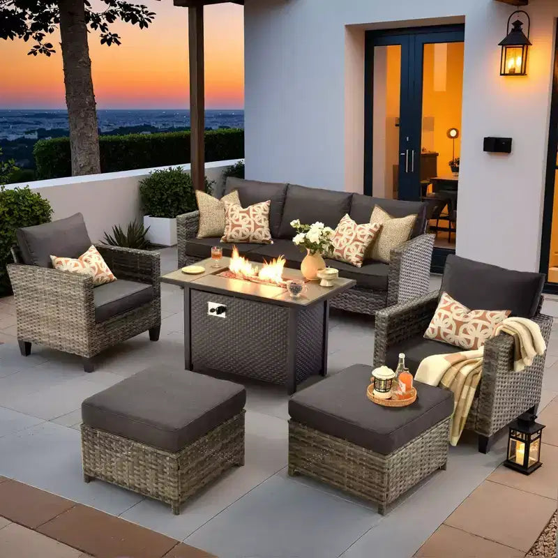 HOMLUX 6-teiliges Terrassen-Set mit 42"-Stahlfeuerstelle, 3-Sitzer-Sofa, Einzelstühlen und Hockern