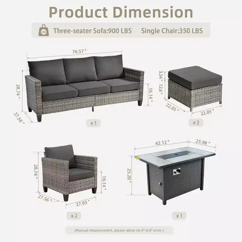 HOMLUX 6-teiliges Terrassen-Set mit 42"-Stahlfeuerstelle, 3-Sitzer-Sofa, Einzelstühlen und Hockern