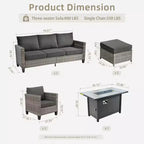 HOMLUX 6-teiliges Terrassen-Set mit 42"-Stahlfeuerstelle, 3-Sitzer-Sofa, Einzelstühlen und Hockern