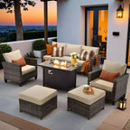 HOMLUX 6-teiliges Terrassen-Set mit 42"-Stahlfeuerstelle, 3-Sitzer-Sofa, Einzelstühlen und Hockern