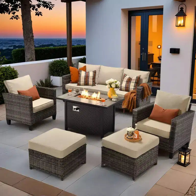 HOMLUX 6-teiliges Terrassen-Set mit 42"-Stahlfeuerstelle, 3-Sitzer-Sofa, Einzelstühlen und Hockern