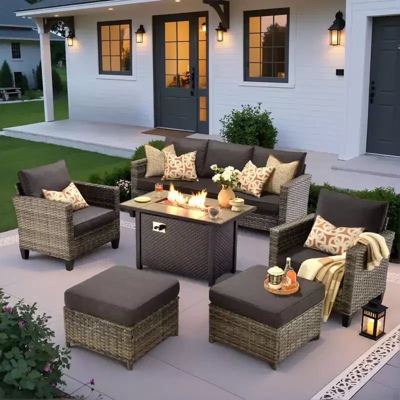 HOMLUX 6-teiliges Terrassen-Set mit 42"-Stahlfeuerstelle, 3-Sitzer-Sofa, Einzelstühlen und Hockern