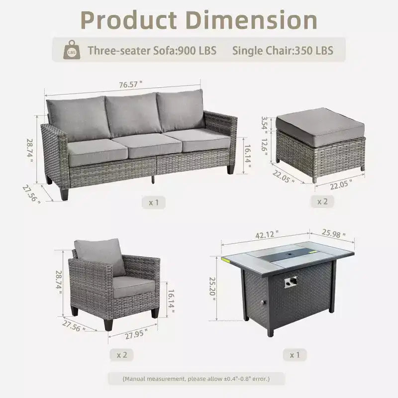 HOMLUX 6-teiliges Terrassen-Set mit 42"-Stahlfeuerstelle, 3-Sitzer-Sofa, Einzelstühlen und Hockern