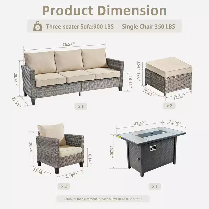 HOMLUX 6-teiliges Terrassen-Set mit 42"-Stahlfeuerstelle, 3-Sitzer-Sofa, Einzelstühlen und Hockern