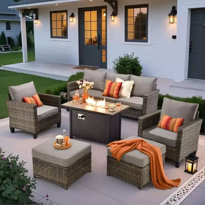 HOMLUX 6-teiliges Terrassen-Set mit 42"-Stahlfeuerstelle, 3-Sitzer-Sofa, Einzelstühlen und Hockern
