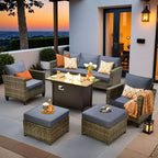 HOMLUX 6-teiliges Terrassen-Set mit 42"-Stahlfeuerstelle, 3-Sitzer-Sofa, Einzelstühlen und Hockern