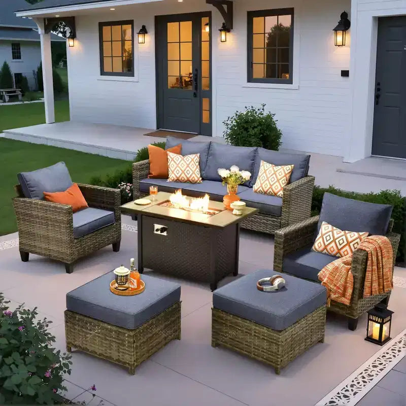 HOMLUX 6-teiliges Terrassen-Set mit 42"-Stahlfeuerstelle, 3-Sitzer-Sofa, Einzelstühlen und Hockern