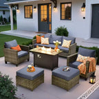 HOMLUX 6-teiliges Terrassen-Set mit 42"-Stahlfeuerstelle, 3-Sitzer-Sofa, Einzelstühlen und Hockern