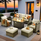 HOMLUX 6-teiliges Terrassen-Set mit 42"-Stahlfeuerstelle, 3-Sitzer-Sofa, Einzelstühlen und Hockern