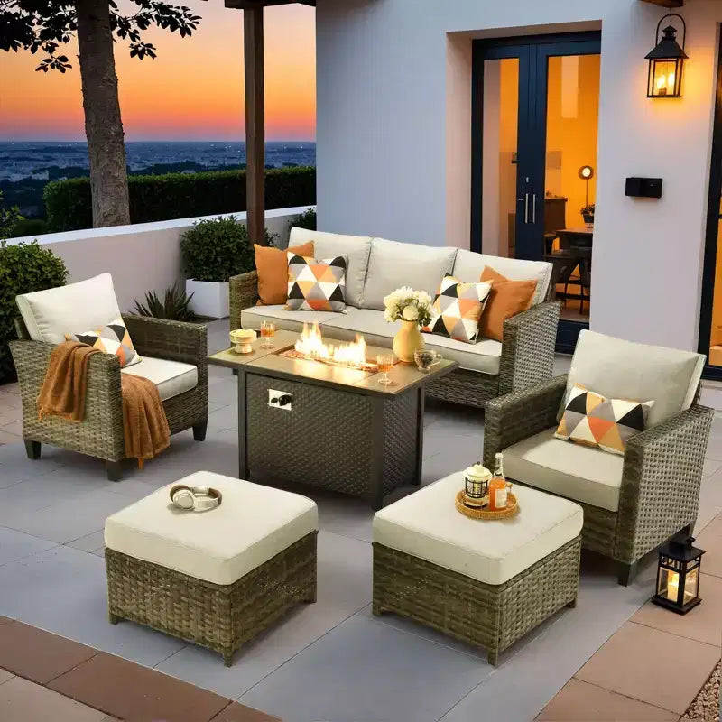 HOMLUX 6-teiliges Terrassen-Set mit 42"-Stahlfeuerstelle, 3-Sitzer-Sofa, Einzelstühlen und Hockern