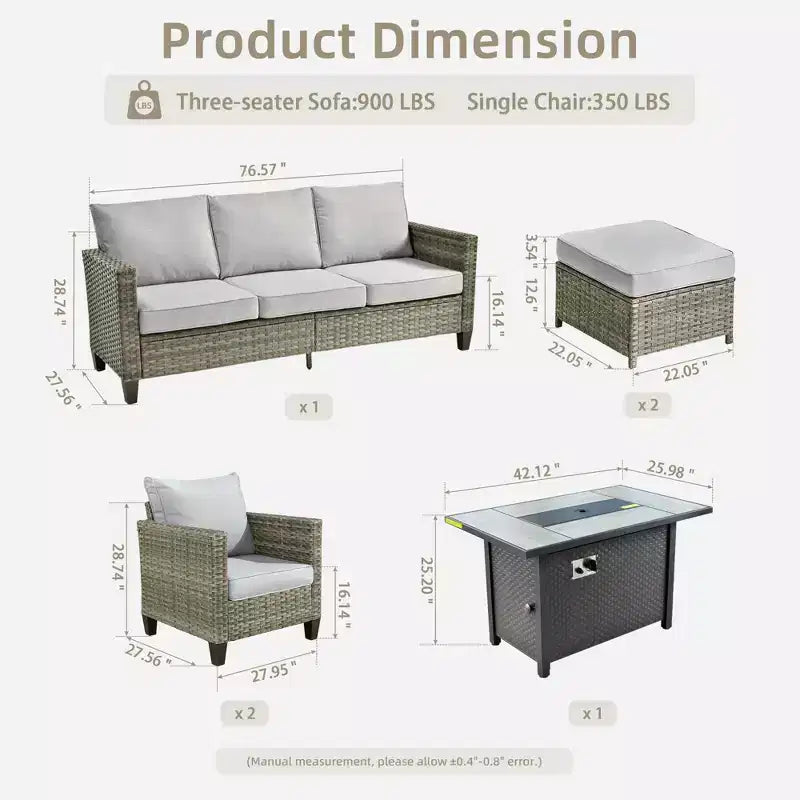 HOMLUX 6-teiliges Terrassen-Set mit 42"-Stahlfeuerstelle, 3-Sitzer-Sofa, Einzelstühlen und Hockern