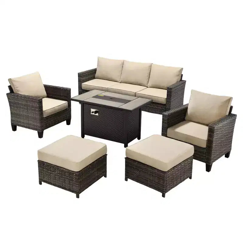 HOMLUX 6-Piece Patio Set w/ 42 Steel Fire Pit, 3-Seater Sofa, Single Chairs & Ottomans