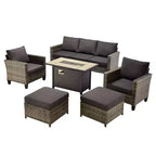 HOMLUX 6-teiliges Terrassen-Set mit 42"-Stahlfeuerstelle, 3-Sitzer-Sofa, Einzelstühlen und Hockern