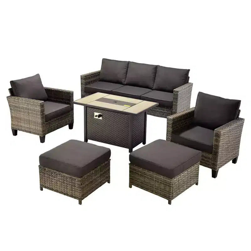HOMLUX 6-teiliges Terrassen-Set mit 42"-Stahlfeuerstelle, 3-Sitzer-Sofa, Einzelstühlen und Hockern