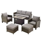 HOMLUX 6-teiliges Terrassen-Set mit 42"-Stahlfeuerstelle, 3-Sitzer-Sofa, Einzelstühlen und Hockern