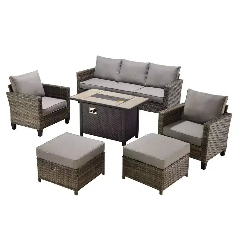 HOMLUX 6-teiliges Terrassen-Set mit 42"-Stahlfeuerstelle, 3-Sitzer-Sofa, Einzelstühlen und Hockern
