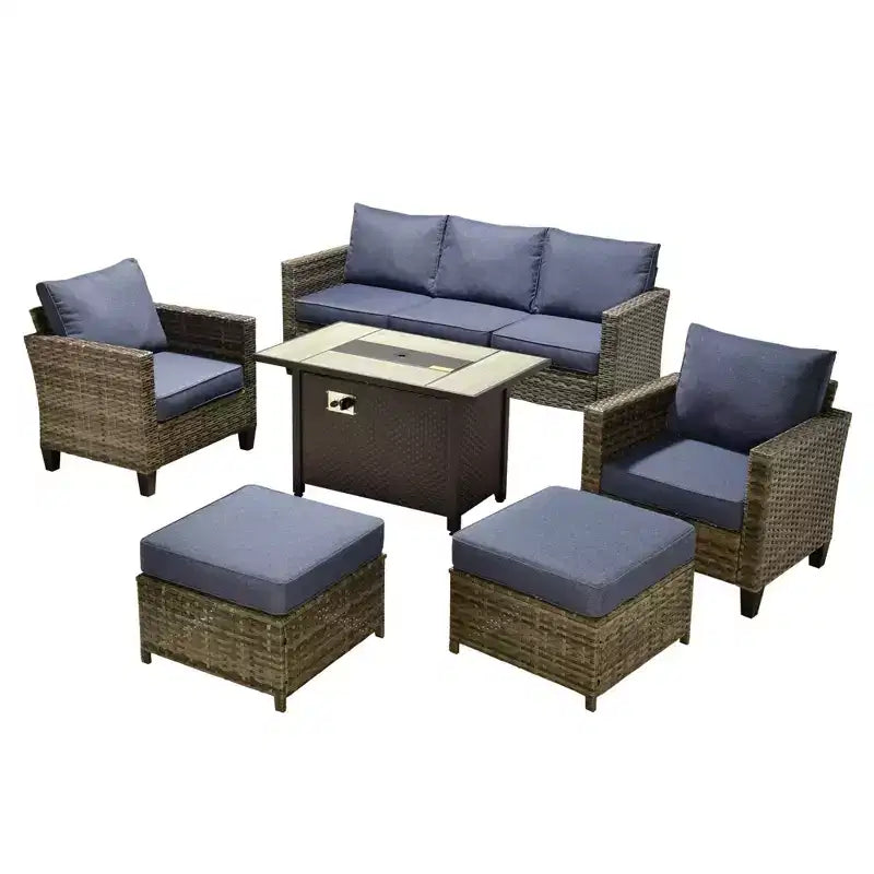 HOMLUX 6-teiliges Terrassen-Set mit 42"-Stahlfeuerstelle, 3-Sitzer-Sofa, Einzelstühlen und Hockern