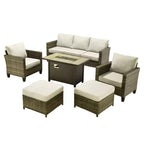 HOMLUX 6-teiliges Terrassen-Set mit 42"-Stahlfeuerstelle, 3-Sitzer-Sofa, Einzelstühlen und Hockern
