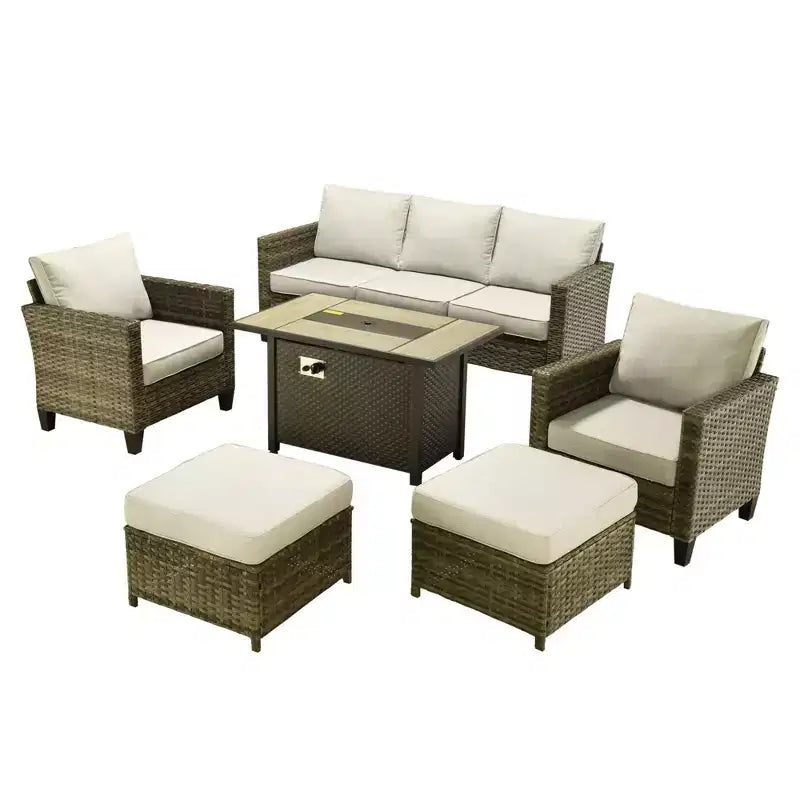 HOMLUX 6-teiliges Terrassen-Set mit 42"-Stahlfeuerstelle, 3-Sitzer-Sofa, Einzelstühlen und Hockern