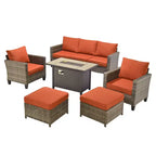HOMLUX 6-teiliges Terrassen-Set mit 42"-Stahlfeuerstelle, 3-Sitzer-Sofa, Einzelstühlen und Hockern