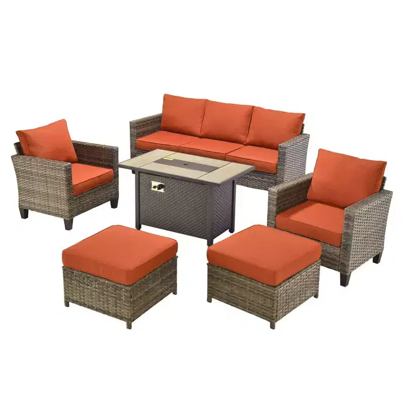 HOMLUX 6-teiliges Terrassen-Set mit 42"-Stahlfeuerstelle, 3-Sitzer-Sofa, Einzelstühlen und Hockern