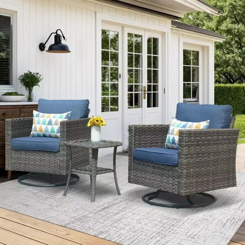 HOMLUX 3-teiliges Terrassenmöbel-Set: Drehbare Schaukelstühle & Beistelltisch aus wetterfestem Rattan