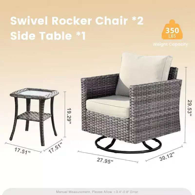 HOMLUX 3-teiliges Terrassenmöbel-Set: Drehbare Schaukelstühle & Beistelltisch aus wetterfestem Rattan