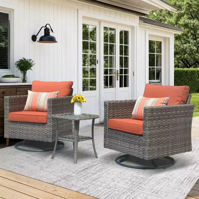 HOMLUX 3-teiliges Terrassenmöbel-Set: Drehbare Schaukelstühle & Beistelltisch aus wetterfestem Rattan