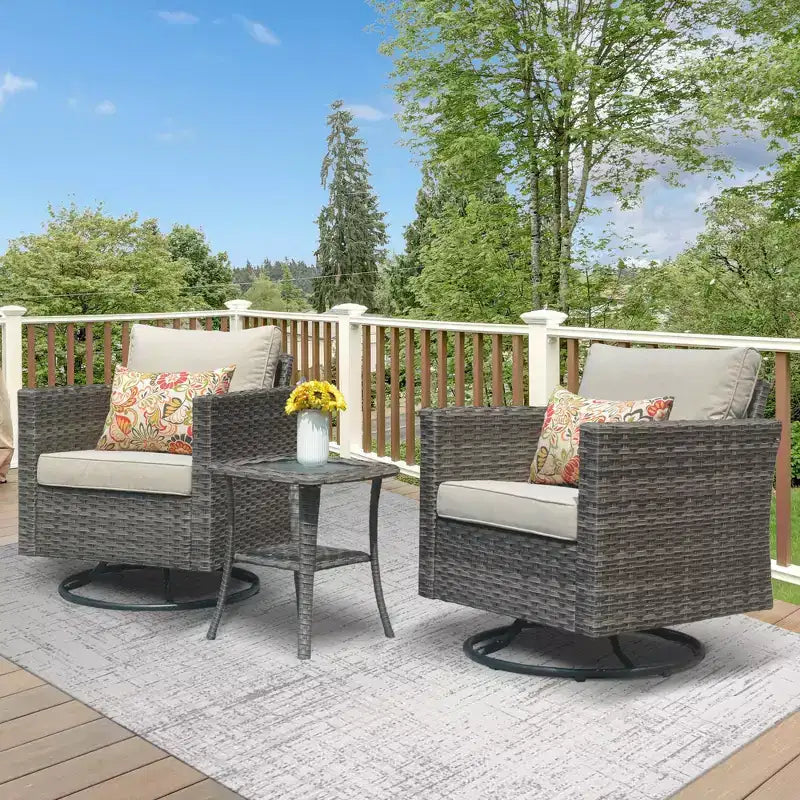 HOMLUX 3-Piece Patio Set: Swivel Rocking Chairs & Side Table in All-Weather Wicker