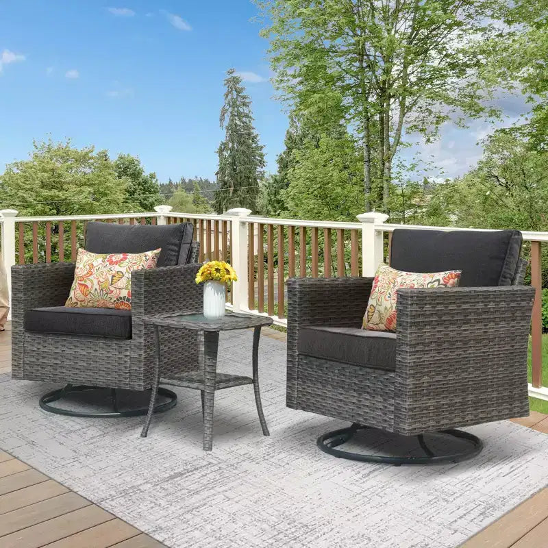 HOMLUX 3-teiliges Terrassenmöbel-Set: Drehbare Schaukelstühle & Beistelltisch aus wetterfestem Rattan