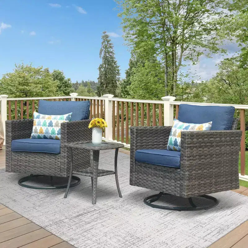HOMLUX 3-teiliges Terrassenmöbel-Set: Drehbare Schaukelstühle & Beistelltisch aus wetterfestem Rattan