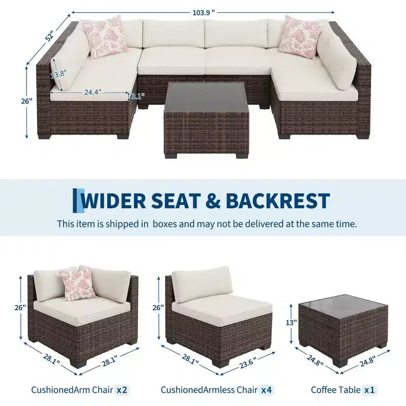 7-teiliges Outdoor-Terrassensofa-Set, langlebiges Eisenrahmen-Braun-Gradient-Geflecht-Ecksofa mit weichen Kissen, Gesprächs-Set für Terrasse, Garten, Hinterhof