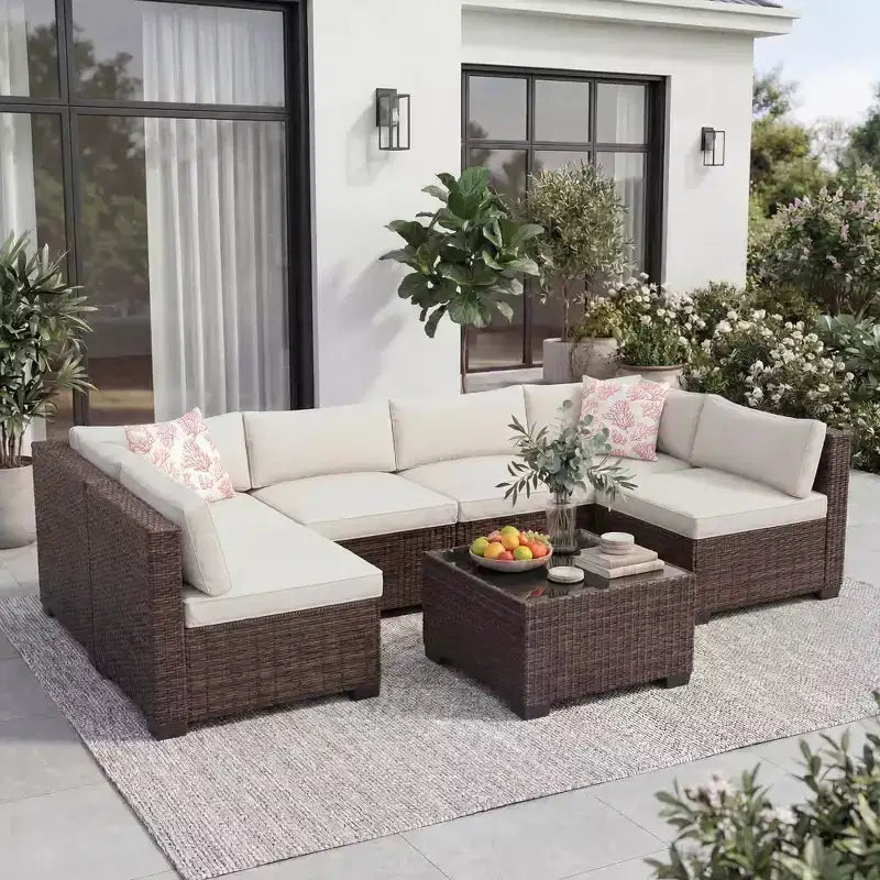 7-teiliges Outdoor-Terrassensofa-Set, langlebiges Eisenrahmen-Braun-Gradient-Geflecht-Ecksofa mit weichen Kissen, Gesprächs-Set für Terrasse, Garten, Hinterhof