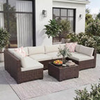 7-teiliges Outdoor-Terrassensofa-Set, langlebiges Eisenrahmen-Braun-Gradient-Geflecht-Ecksofa mit weichen Kissen, Gesprächs-Set für Terrasse, Garten, Hinterhof