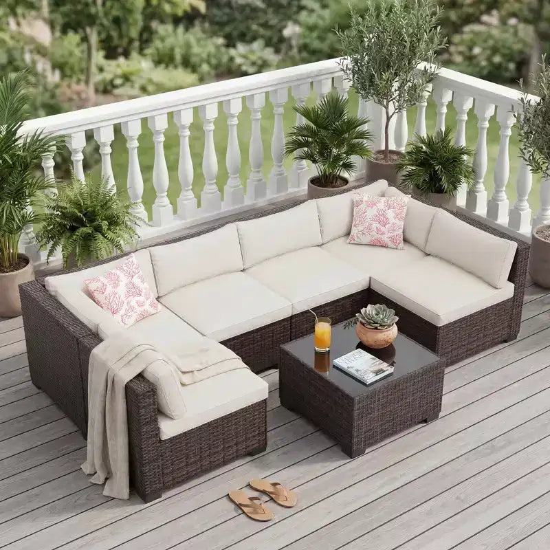 7-teiliges Outdoor-Terrassensofa-Set, langlebiges Eisenrahmen-Braun-Gradient-Geflecht-Ecksofa mit weichen Kissen, Gesprächs-Set für Terrasse, Garten, Hinterhof
