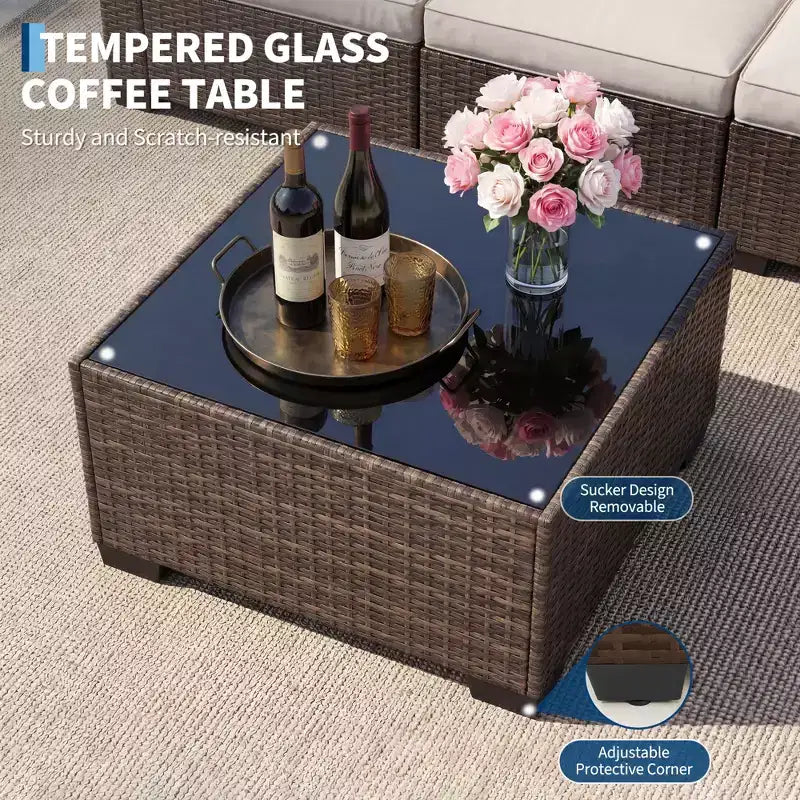 7-teiliges Outdoor-Terrassensofa-Set, langlebiges Eisenrahmen-Braun-Gradient-Geflecht-Ecksofa mit weichen Kissen, Gesprächs-Set für Terrasse, Garten, Hinterhof