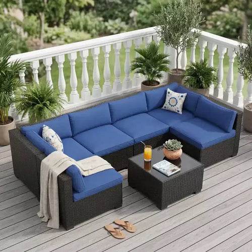 7-teiliges Outdoor-Terrassensofa-Set, langlebiges Eisenrahmen-Braun-Gradient-Geflecht-Ecksofa mit weichen Kissen, Gesprächs-Set für Terrasse, Garten, Hinterhof