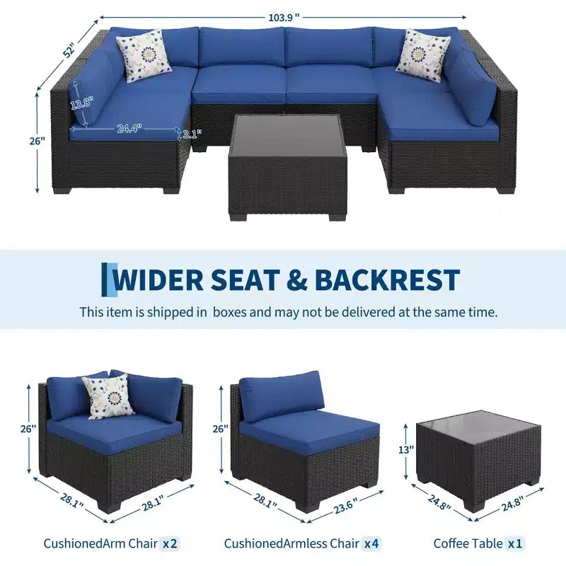7-teiliges Outdoor-Terrassensofa-Set, langlebiges Eisenrahmen-Braun-Gradient-Geflecht-Ecksofa mit weichen Kissen, Gesprächs-Set für Terrasse, Garten, Hinterhof