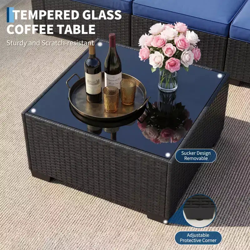 7-teiliges Outdoor-Terrassensofa-Set, langlebiges Eisenrahmen-Braun-Gradient-Geflecht-Ecksofa mit weichen Kissen, Gesprächs-Set für Terrasse, Garten, Hinterhof